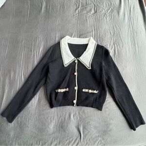Black Cardigan with White Collar and Pearl Buttons